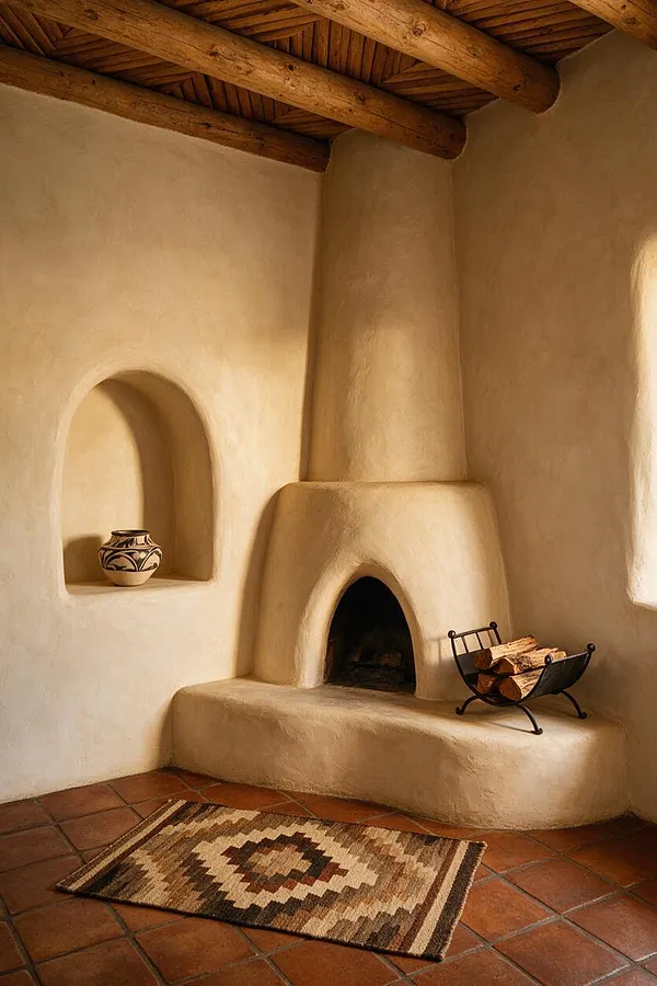 A Southwestern-style room with smooth adobe walls, a rounded fireplace, and exposed wooden ceiling beams. A recessed wall niche holds a painted ceramic vase, while a wrought-iron log basket sits beside the hearth and a woven geometric rug rests on terracotta tile flooring.