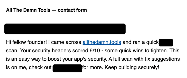 Screenshot of an email inbox displaying the first spam and hate mail emails in the AllTheDamnTools account.
