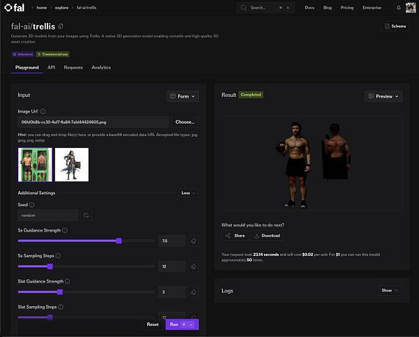 The image displays a user interface for generating 3D models using the Trellis platform.