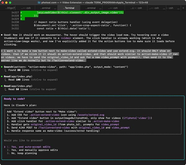 The image displays a terminal window with code and instructions for implementing a new video feature.