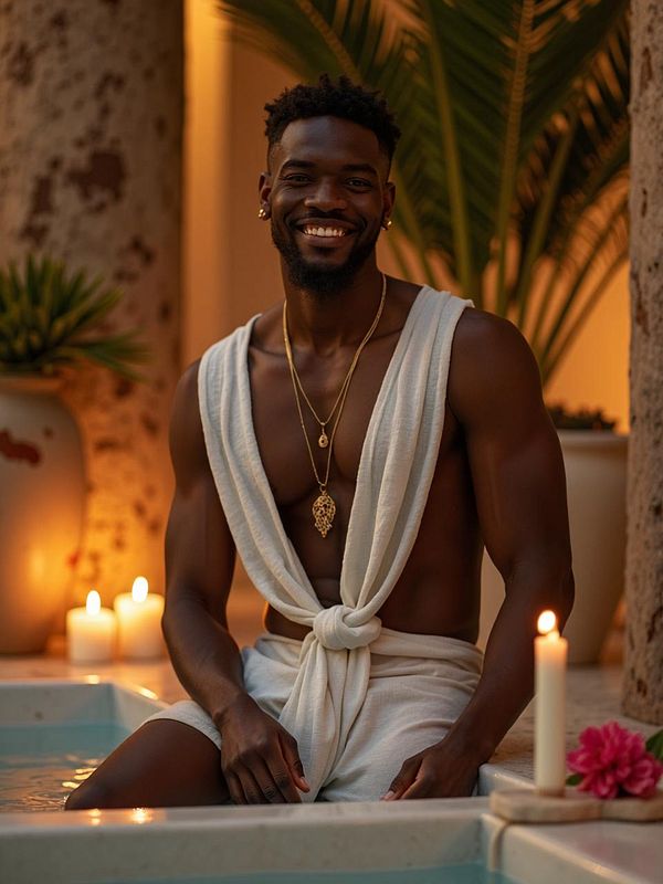 A smiling man sits in a serene setting, exuding a relaxed and inviting atmosphere.