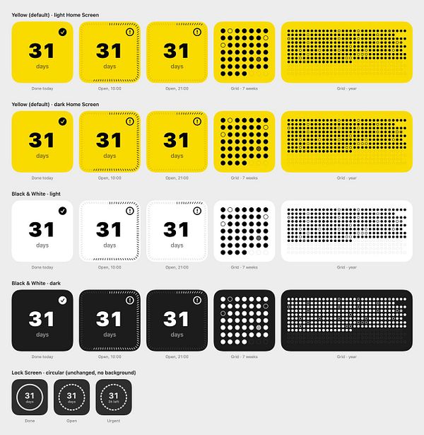 Grid of iOS widget design iterations showcasing various styles and layouts for calendar and reminder apps.