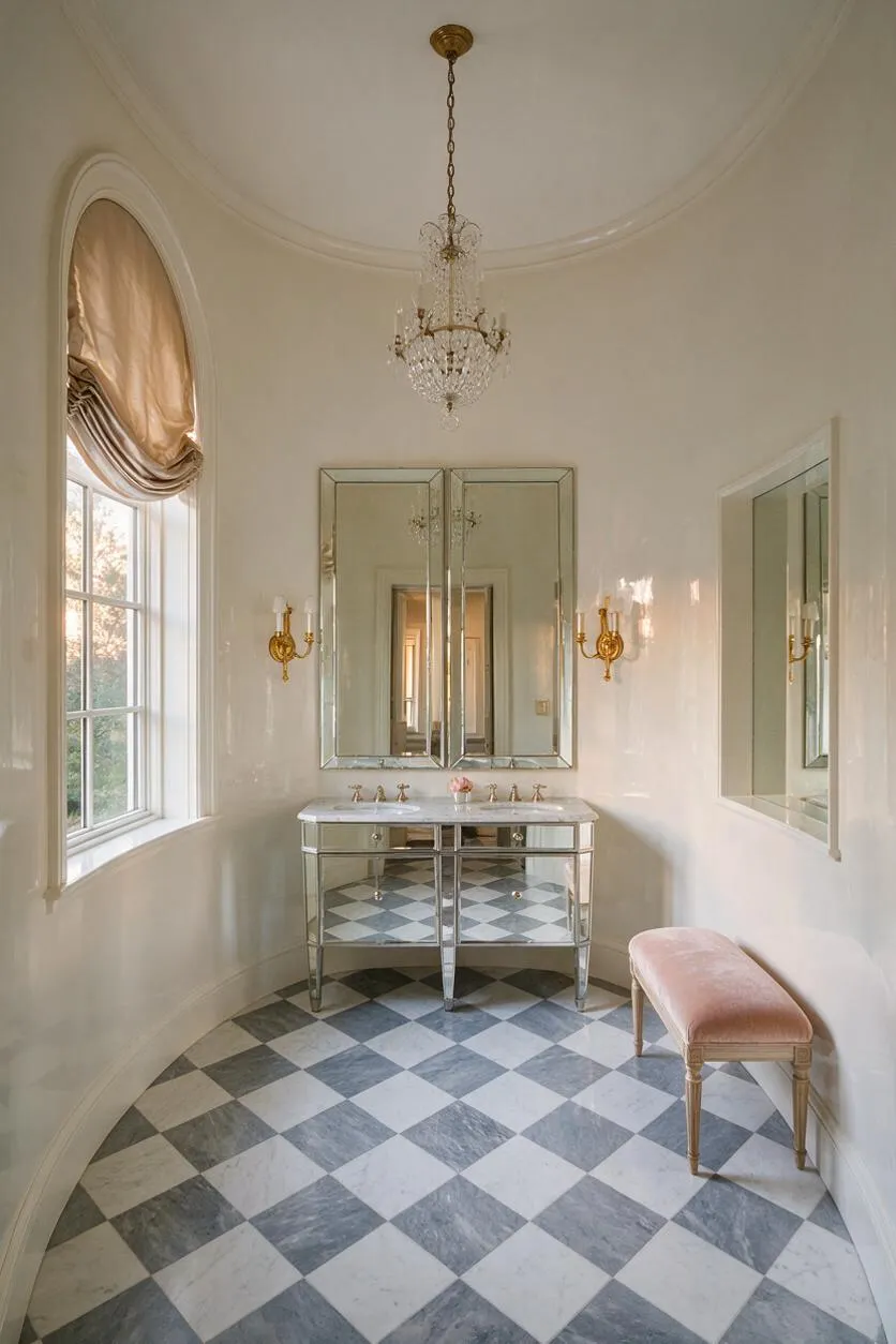 A glamorous powder room with a curved ceiling, arched window, crystal chandelier, mirrored vanity, and gold wall sconces. The floor features a gray-and-white diamond check pattern, and a blush upholstered bench sits along the right wall.