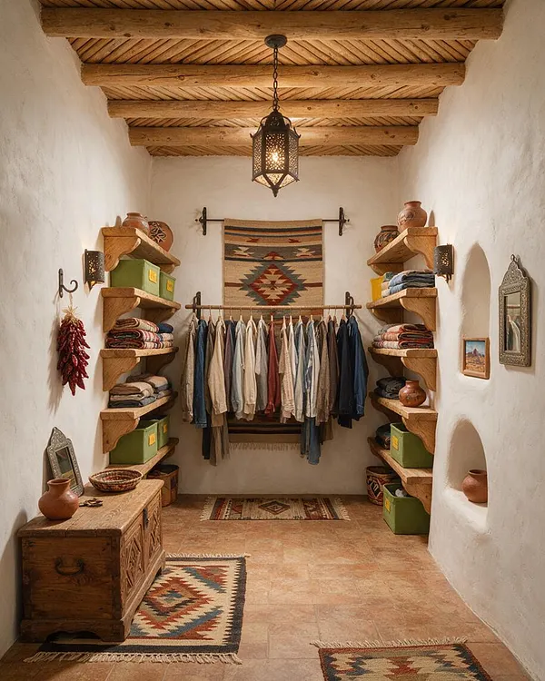 A narrow Southwestern-style closet with white adobe walls, a ceiling of exposed log beams and woven wood slats, and a hanging lantern centered overhead. Open wooden shelves on both sides hold folded clothes, baskets, and pottery, while a rod at the back displays hanging garments beneath a geometric woven wall hanging and small patterned rugs on the tiled floor.