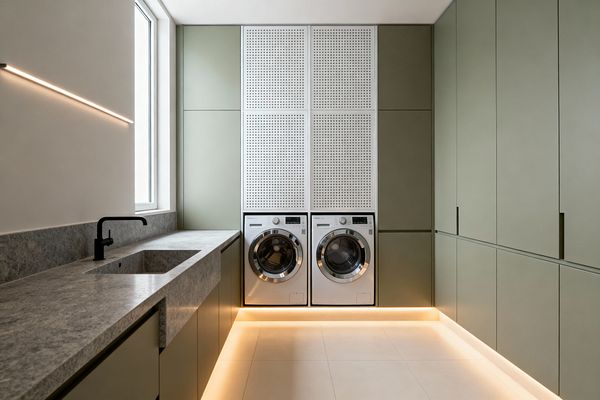 A minimalist laundry room with matte sage-green floor-to-ceiling cabinets and two front-loading machines set beneath white perforated panels. A long gray stone countertop with integrated rectangular sink lines the left wall, paired with a matte black faucet. Natural light enters through a tall window; a slim linear wall light adds task lighting. Warm LED toe-kick lighting washes the pale porcelain floor tiles, emphasizing clean lines and concealed storage.