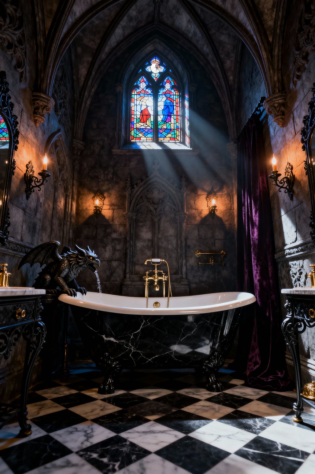 A dramatic Gothic bathroom features a vaulted, pointed ceiling and aged stone walls lit by a stained-glass lancet window casting beams of colored light. At center is a freestanding black clawfoot tub with a white rim and brass fixtures, fed by a gargoyle spout, set on a black-and-white marble checkerboard floor, with wrought-iron candle sconces, ornate black vanities with white marble tops, and a deep purple velvet curtain.