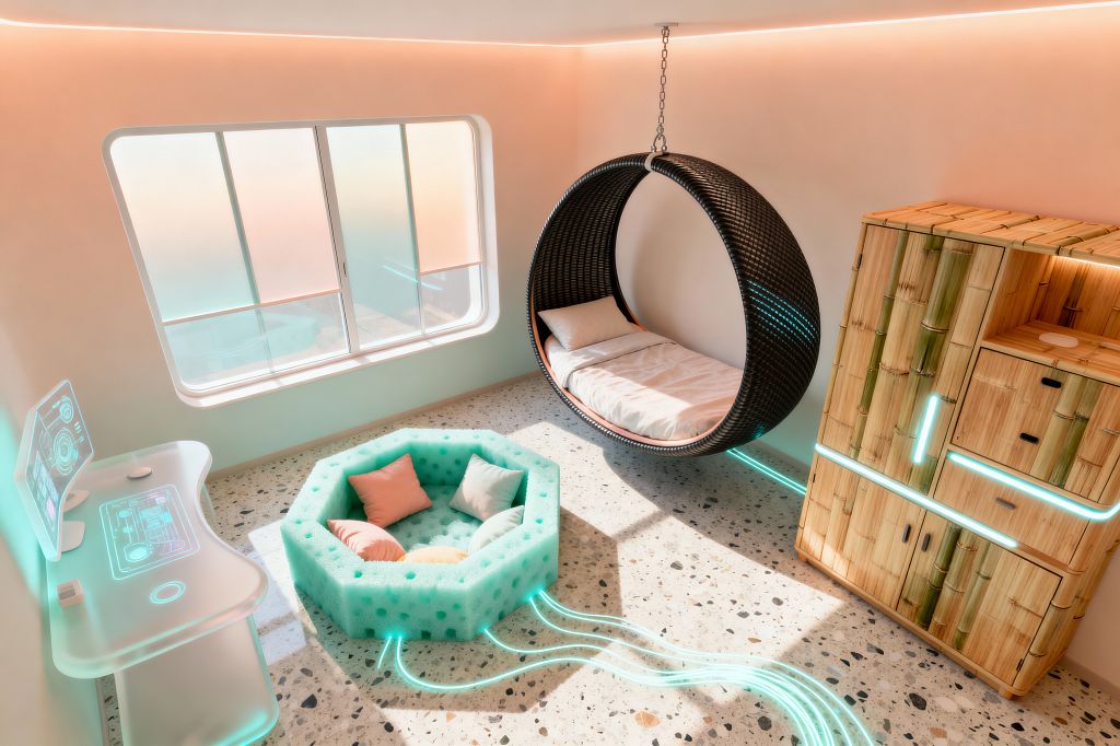 A bright kids’ room with a circular woven hanging bed suspended from the ceiling over terrazzo flooring. A mint octagonal seating pit with tufted sides connects to glowing cyan cables that continue as LED strips along the walls and a bamboo storage cabinet. A curved acrylic desk with a transparent display sits below a large, rounded-corner window with frosted gradient glass. Soft white walls and warm cove lighting contrast with dark rattan and natural bamboo.