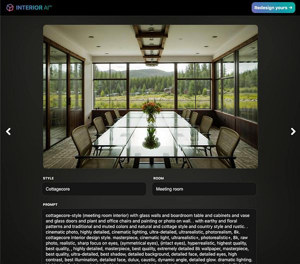 A modern meeting room designed in a cottagecore style with large glass walls and a long table.