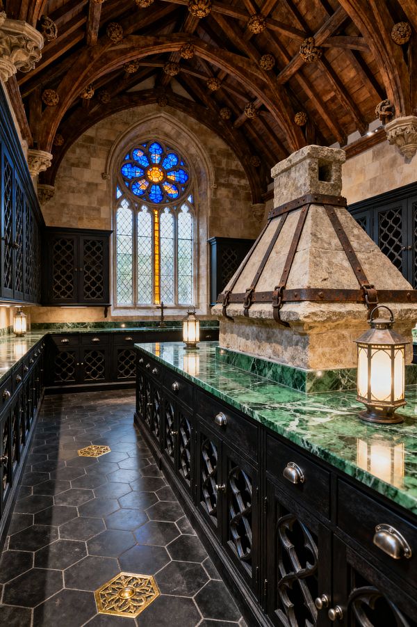 A richly detailed Gothic kitchen occupies a stone-walled room with a timber barrel-vaulted ceiling and carved bosses. A stained-glass rose window and leaded lancets light dark, tracery-front cabinets topped with emerald green marble. A monumental limestone range hood strapped with iron anchors the center. The floor is black hexagonal stone with brass medallion inlays, and lantern-style lights glow along the countertops.