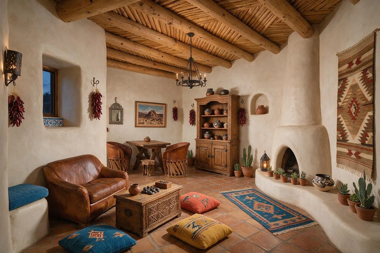 A Southwestern-style game room with smooth adobe walls, a wood-beamed ceiling, terracotta tile flooring, and a leather armchair beside a carved wooden game chest. The room includes a small rustic table with leather chairs, a built-in adobe fireplace, patterned rugs and cushions, wall art, hanging chiles, potted cacti, and warm lantern-style lighting.