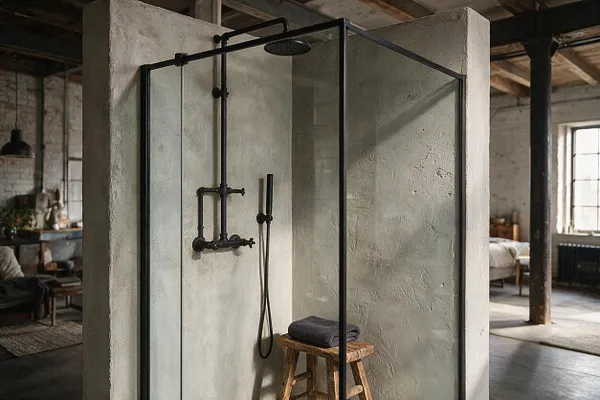 A walk-in shower enclosure with black metal framing and clear glass panels sits inside a rough textured plaster surround. Matte black exposed pipe fixtures and a rainfall showerhead contrast with the pale walls, while a small wooden stool with folded towels adds warmth.