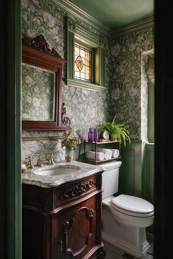 A compact Victorian-style powder room with green floral wallpaper, dark carved wood vanity, and a marble countertop with an oval sink. A small stained-glass window, white toilet, and decorative shelf with purple glass bottles and rolled towels complete the richly layered space.