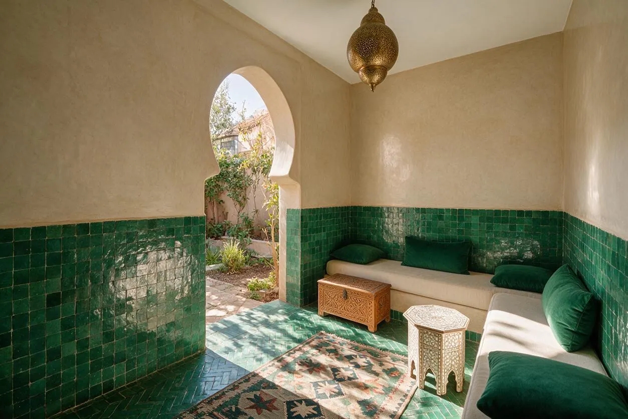 A Moroccan-style sunroom with glossy green tile wainscoting, warm plaster walls, and an arched doorway opening to a garden. Built-in seating with cream cushions and deep green pillows lines the walls, with carved wood and white Moroccan-style side tables and a patterned rug on the floor.