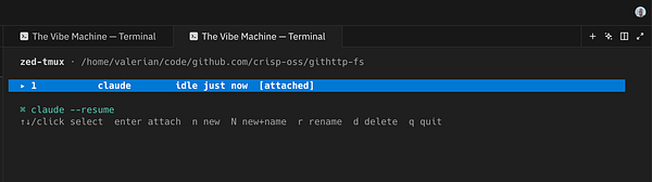 Terminal window showing the installation process of zed-tmux with commands and logs.