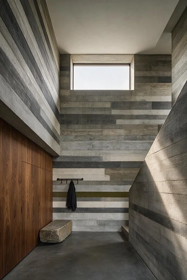 A narrow entryway with Brutalist-inspired striped concrete and stone walls, a small horizontal clerestory window near the ceiling, and a warm wood storage wall on the left. A simple metal coat rail with one dark jacket and a rough stone bench add minimal function to the dramatic, monochrome space.