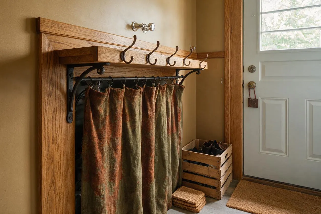 A Craftsman-style mudroom with a built-in oak wood bench and shelf, black metal coat hooks, and a fabric curtain concealing storage beneath the bench. A wooden crate holds shoes near the door, with a coir mat and small woven mats on the floor beside a white paneled exterior door.
