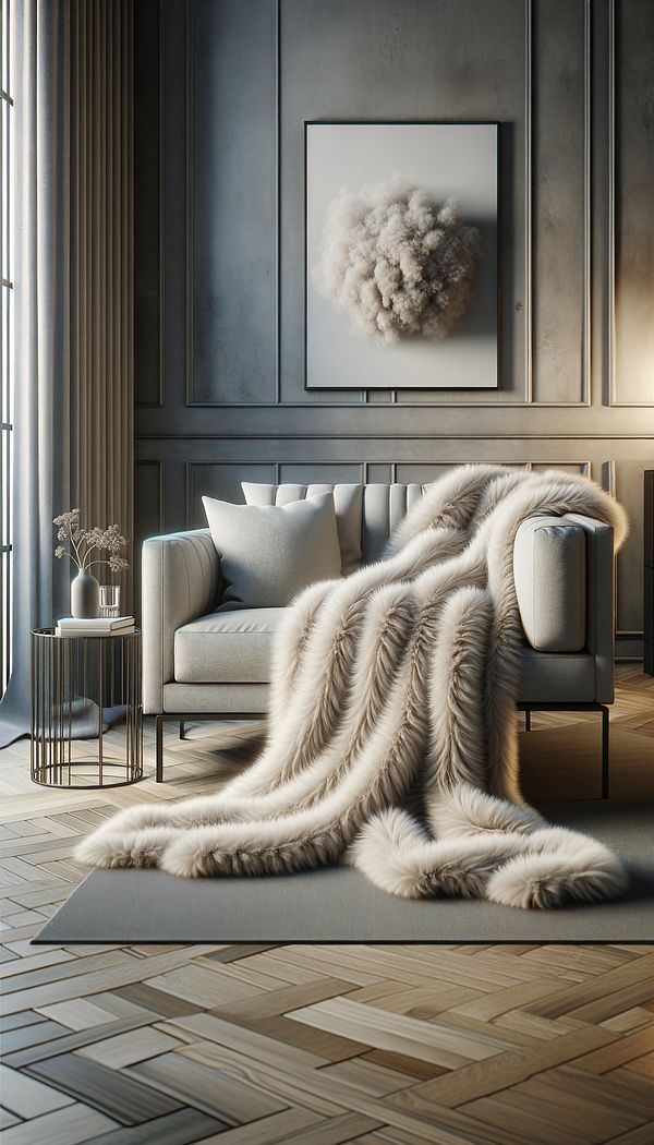 A plush, luxurious Angora throw blanket elegantly draped over a chic, modern sofa, adding an extra layer of warmth and sophistication to a stylish living room setting.