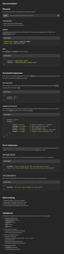 The image displays API documentation for the email validation service, detailing request formats, responses, and error handling.