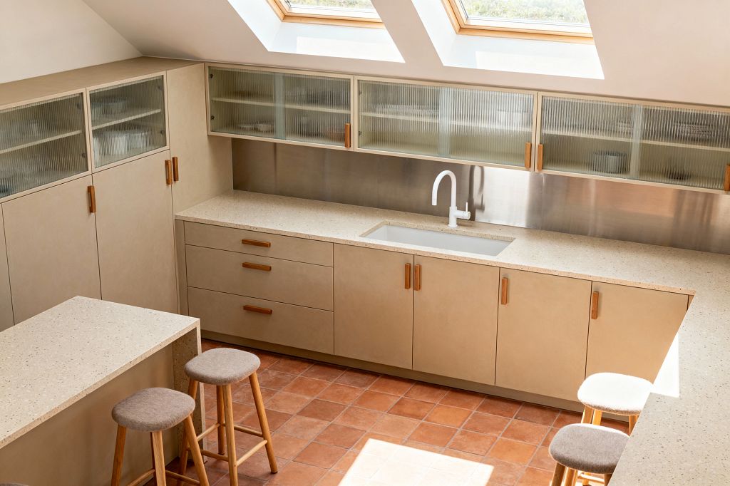 Bright Scandinavian kitchen with matte beige flat-panel cabinets and solid wood pulls, set beneath two roof skylights. Speckled light countertops form an L-shaped layout with a slim peninsula and three oak stools with taupe upholstered seats, while sliding fluted-glass uppers, a stainless-steel backsplash, and a white undermount sink with white faucet sit above warm terracotta floor tiles.
