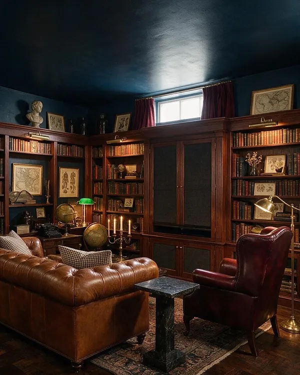 A dark academia basement lounge with deep blue walls and ceiling, built-in walnut bookcases filled with books, maps, and classical decor, and a small high window framed by burgundy curtains. A tufted brown leather sofa, burgundy leather armchair, brass lamps, candles, and a black stone side table create a rich, scholarly atmosphere.