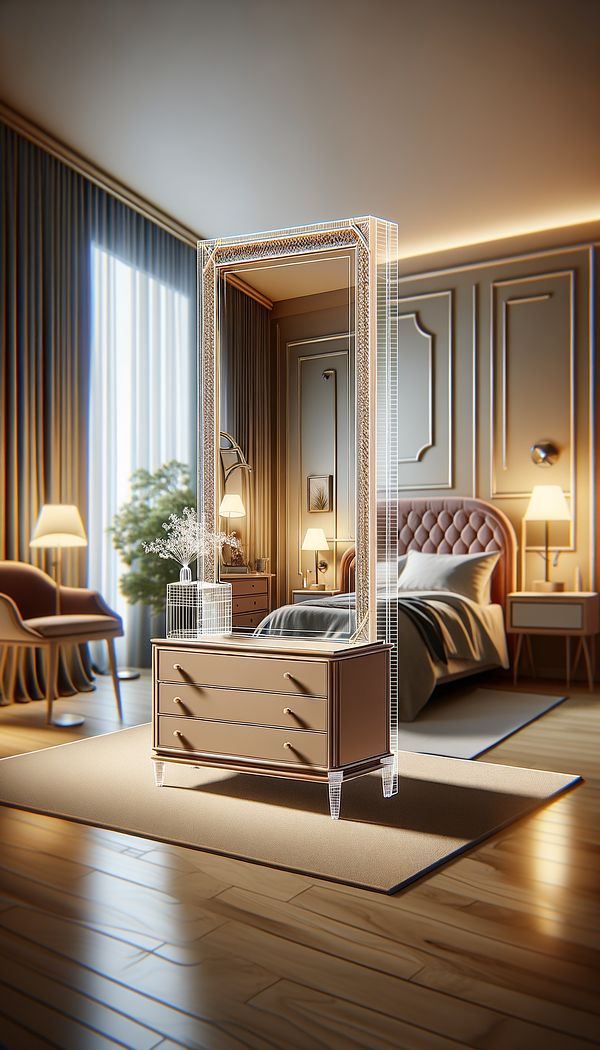 A stylish mirror stand in a brightly lit bedroom, showcasing its full-length mirror and a small drawer unit beneath it.