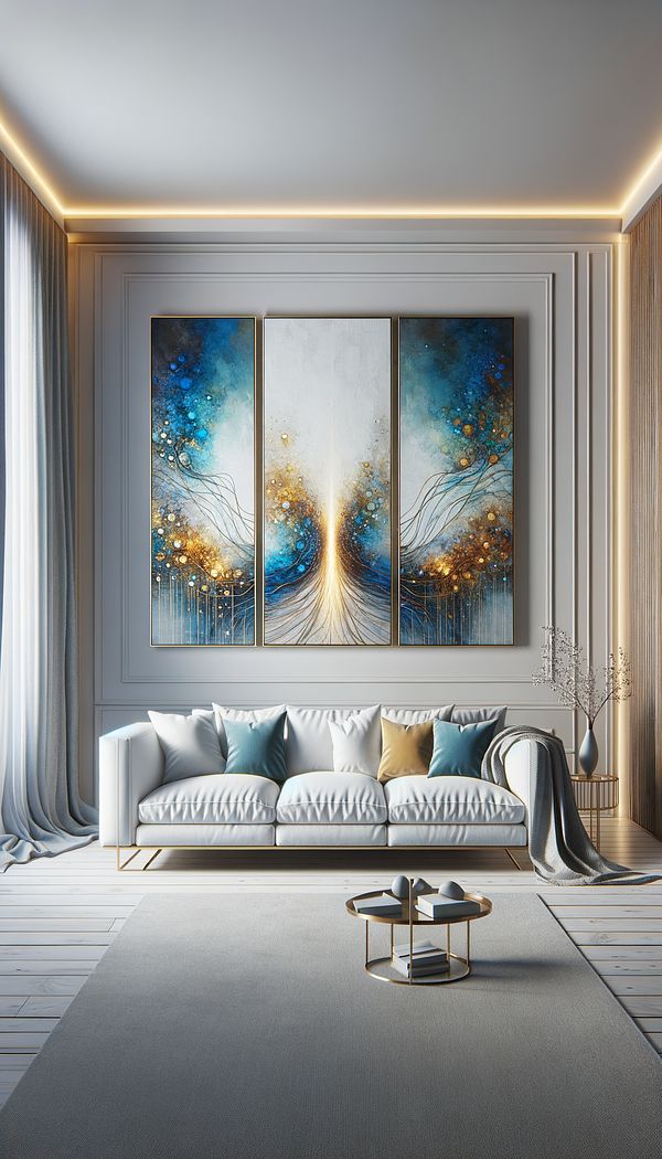 A beautifully decorated modern living room with a large triptych hanging above a white sofa. The three panels of the triptych each feature abstract art in blue and gold tones.