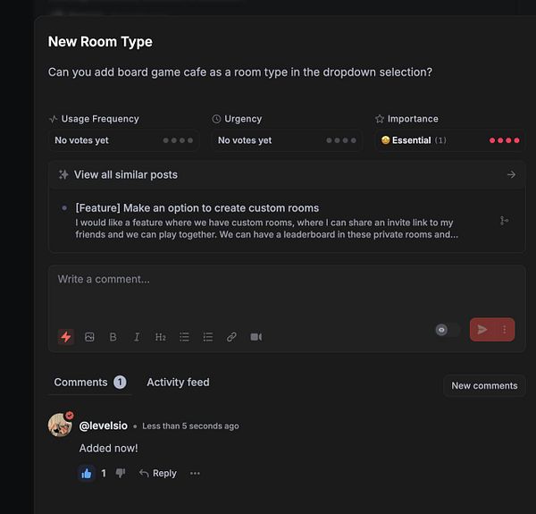 A task interface requesting the addition of a board game cafe as a room type.