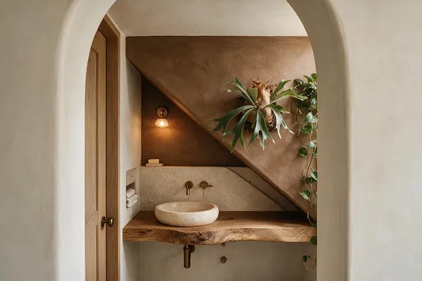A small powder room with an arched entry opening to a warm, earthy interior. The space features a live-edge wooden vanity, a round stone vessel sink, bronze fixtures, a soft wall sconce, and trailing plants growing along a textured taupe wall.