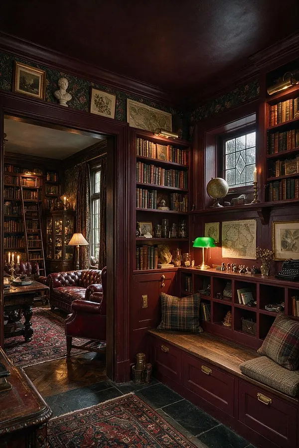 A moody mudroom styled in Dark Academia fashion, featuring burgundy built-in cabinetry, open bookshelves, plaid cushions, and brass drawer pulls. The space is layered with framed maps, art, a green banker’s lamp, dark wood trim, and patterned rugs, creating a warm, scholarly atmosphere.