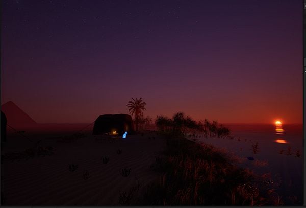 A serene Nile camp scene at sunset, featuring a tent, palm trees, and a glowing horizon.