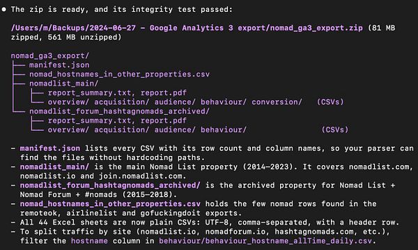 Terminal output displaying the directory structure and details of an exported Google Analytics v3 zip archive for nomadlist from 2015-2023.