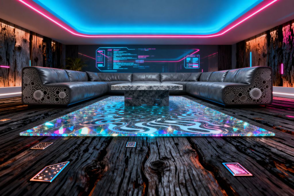 A futuristic living room centers on a gray-and-white marble pedestal coffee table above an iridescent glass floor panel with fluid, holographic patterns. A large U-shaped charcoal leather sectional wraps the space with perforated lattice end panels, while weathered black wood planks with small LED tiles meet charred timber walls, vertical neon bars, a wall-wide digital interface, and cyan and magenta ceiling cove lighting; a single potted plant softens the scene.