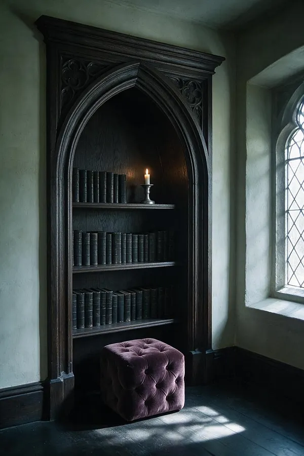 A moody Gothic-style corner featuring a pointed-arch built-in bookcase made of dark wood, filled with rows of black leather-bound books. A single candle on a small metal holder glows on the middle shelf, and a tufted plum velvet ottoman sits below. To the right, a leaded arched window brings in soft daylight across the dark floor.