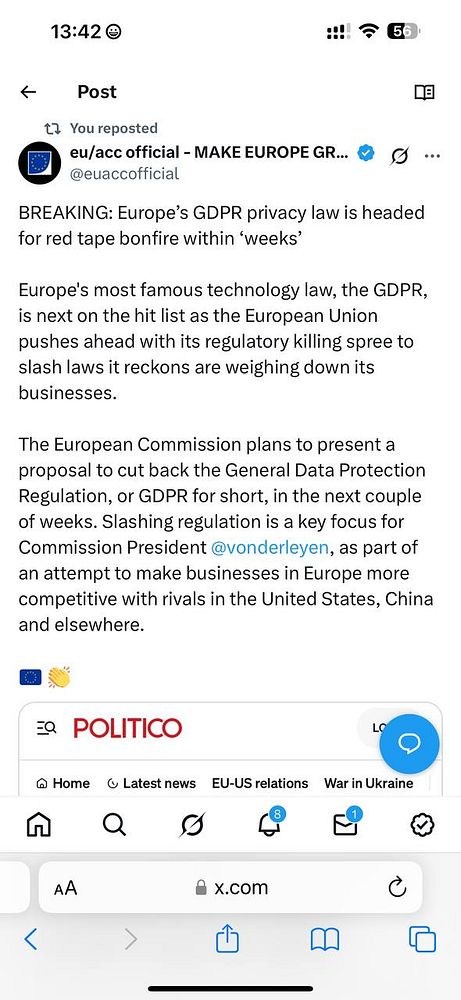 The image displays a social media post discussing changes to the EU's GDPR privacy law.