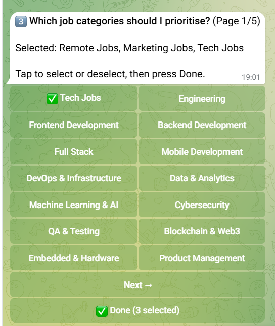 Screenshot of a Telegram bot interface displaying job categories with pagination buttons.