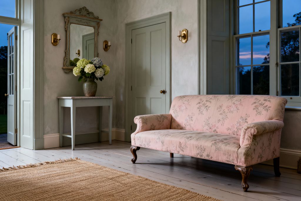 A French Country living room features a blush pink floral settee with rolled arms and carved wooden legs on pale painted floorboards and a natural jute rug. Sage-green paneled doors and window trim frame a slender marble-topped console with hydrangeas beneath a carved mirror, while brass sconces with white shades, tall sash windows, and an open door reveal evening light against softly limewashed walls.