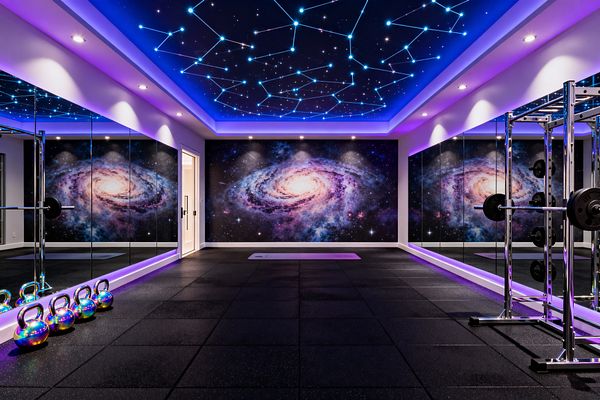 A home gym with galaxy murals spans the far wall and side walls, while mirrored panels line both sides. A recessed ceiling features fiber‑optic constellations and purple-blue LED cove lighting. The space includes a chrome power rack with black plates, iridescent kettlebells on the left, a central yoga mat, and black rubber tile flooring. Recessed spotlights and the star ceiling cast a cool, futuristic glow throughout the room.