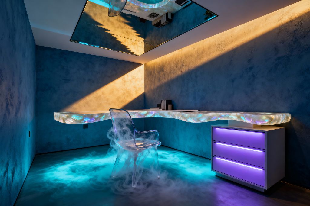A compact home office with deep blue plaster walls features a wavy, translucent resin desk that glows from within and appears to float, supported by a white three‑drawer pedestal with purple LED accents. A transparent acrylic chair sits above teal underlighting and low fog, while a large mirrored ceiling panel and a warm cove light cast golden reflections; minimal books and a notebook rest on the desk.