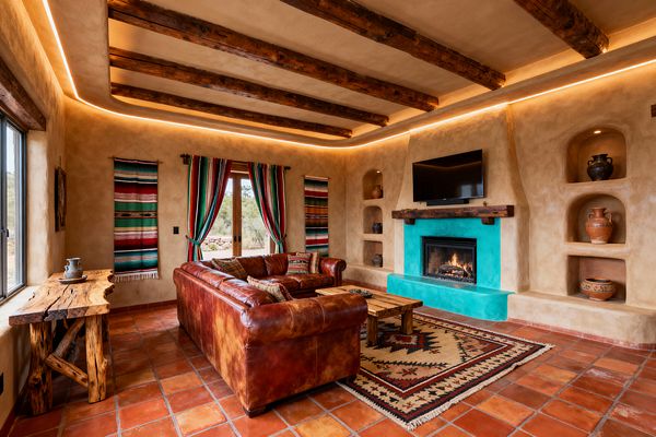 A Southwestern media room features a cognac leather sectional around a rustic wood coffee table on a geometric kilim rug, facing a turquoise plaster fireplace topped by a wall-mounted TV. Sand-colored plaster walls with rounded alcove niches display terracotta pottery, while exposed timber beams, perimeter LED cove lighting, Saltillo tile floors, serape-striped curtains and hangings, and a live-edge console complete the cozy desert-inspired setting.
