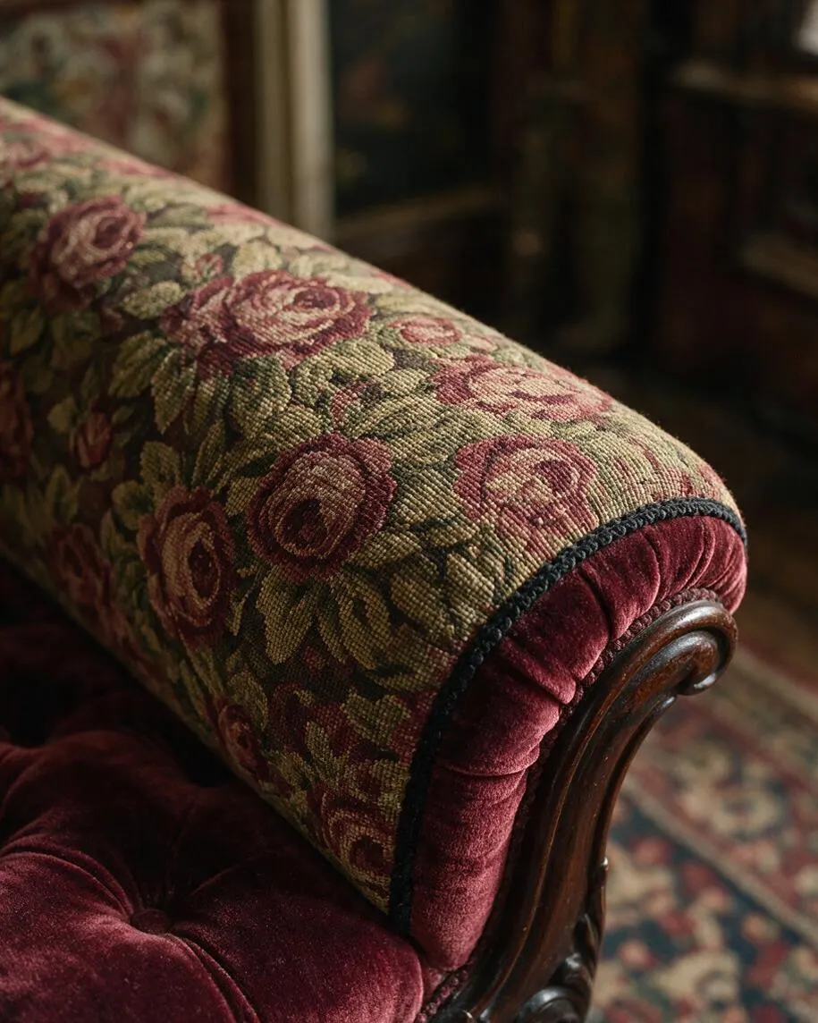 A close-up of a Victorian-style upholstered chair arm with floral tapestry fabric in muted green, burgundy, and rose tones. The rolled arm is trimmed with deep red velvet and dark braided edging, with carved dark wood visible at the front and a matching plush seat below.
