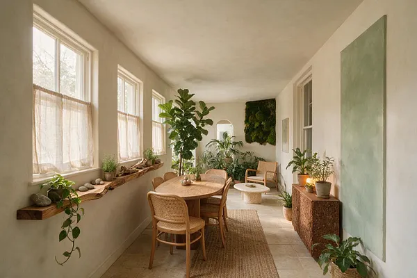 A narrow backyard dining space with cream walls, large windows with sheer curtains, and many potted plants arranged throughout. A woven dining set sits on a jute rug beside a live-edge wood shelf, with a moss wall and soft natural light creating a calm biophilic atmosphere.