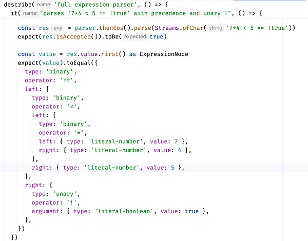 The image displays a code snippet for a full expression parser test in a programming environment.