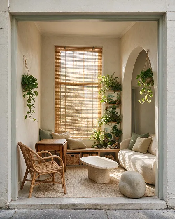 A small front porch styled as a cozy biophilic sitting nook with cream walls, a woven bamboo shade, hanging and potted plants, a rattan chair, a light upholstered bench, and a stone coffee table. Warm sunlight fills the compact space, highlighting natural textures and earthy neutral tones.