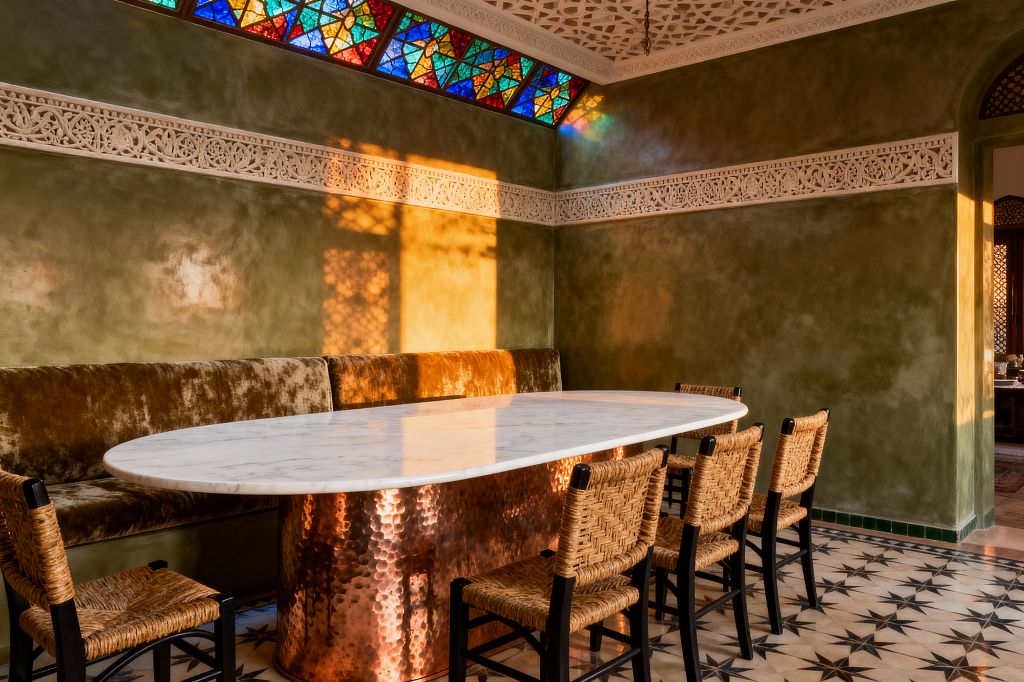 A Moroccan-style dining room with olive polished plaster walls and a carved white plaster frieze. Jewel-toned stained-glass clerestory windows cast colored light over an oval white marble table on a hammered copper pedestal. A bronze velvet banquette lines one wall, facing woven natural-fiber chairs with black frames. The floor shows cream tiles with black eight-point stars and a green border, beneath an intricately patterned white plaster ceiling.