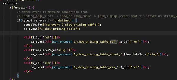 The image displays a snippet of JavaScript code related to tracking conversion events for a photo shoot pricing table.