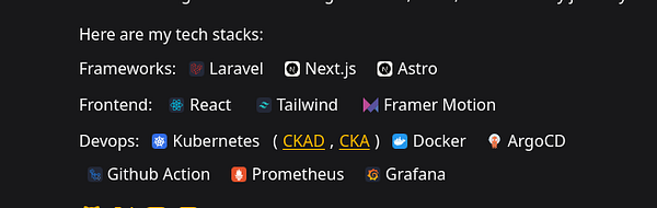 The image displays a list of technology stacks with associated icons on a dark background.