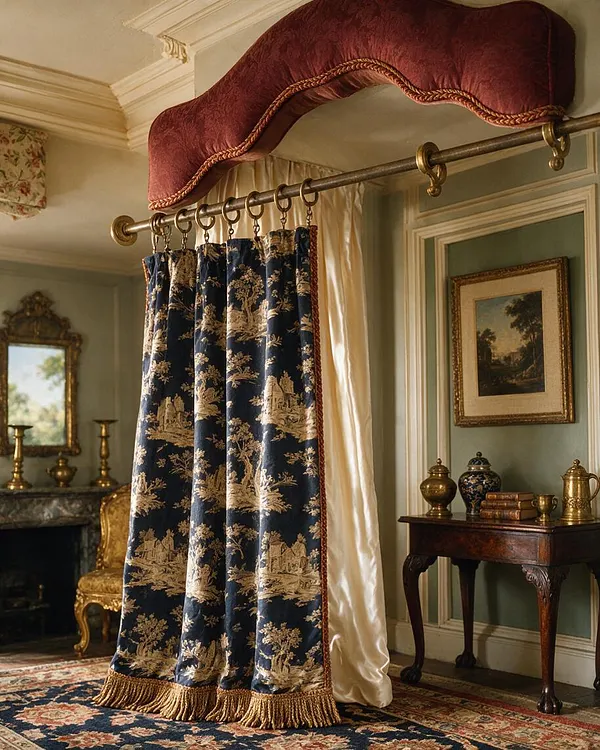 A traditional bedroom detail featuring a burgundy upholstered canopy valance above a brass curtain rod. Navy toile drapery with cream scenic patterns hangs beside a soft ivory curtain, framed by pale green paneled walls, gilt accents, and a patterned area rug.