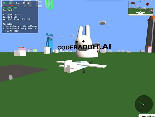 A 3D game scene featuring a large rabbit character and a small airplane in a colorful environment.
