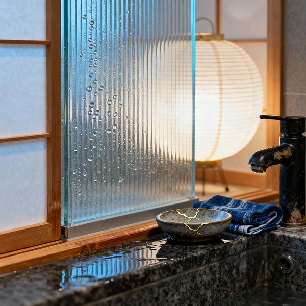 A close-up of a Japanese Zen bathroom vanity shows a ribbed glass partition dotted with water droplets beside a light-toned wood shoji frame, while a warm paper lantern glows behind the glass and reflects on a dark, speckled granite counter and basin. A matte-black, slightly weathered faucet stands next to a ceramic kintsugi dish and a folded indigo striped hand towel, creating a calm scene of natural materials and soft light.