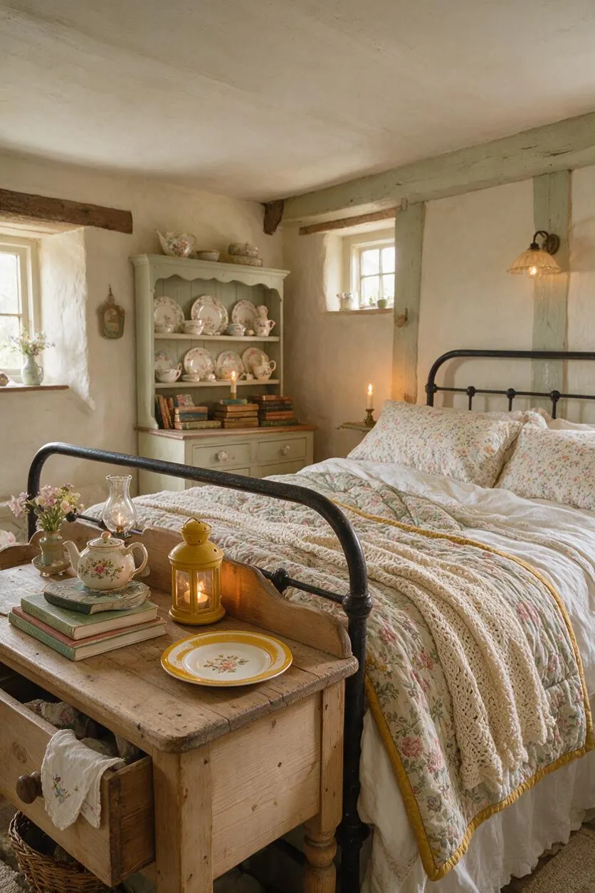 A cottagecore master bedroom with a black iron bed, floral bedding, and soft cream walls with exposed wood beams. A rustic wooden bedside table in the foreground holds books, a floral teapot, a lantern, and small flowers, while a painted hutch displays vintage plates and teacups in the background.